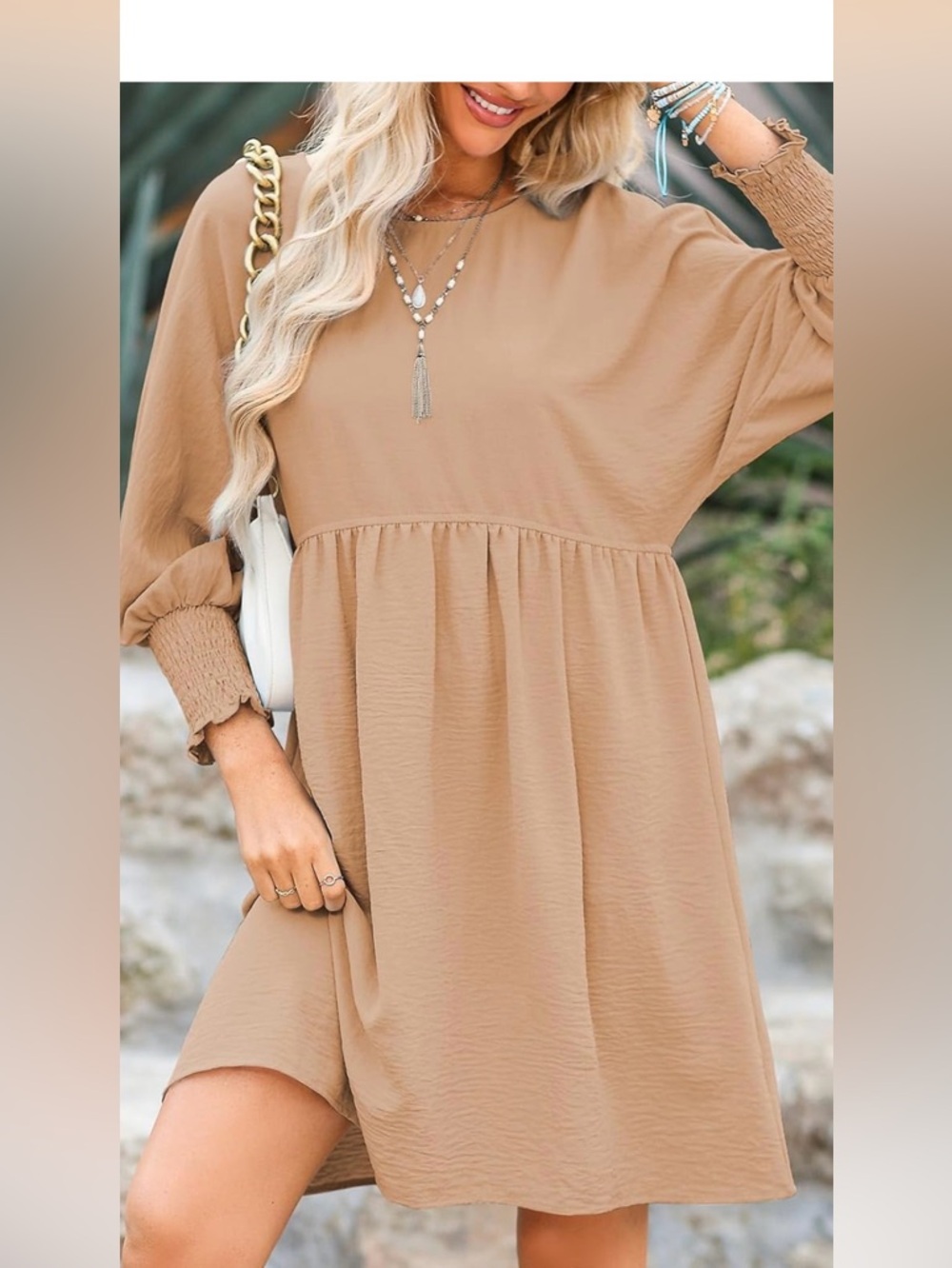 Beige Smocked-Sleeve Midi Dress by Unknown Brand